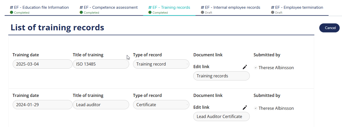 Screenshot of MedQdoc eQMS showing a list of employee training records, including ISO 13485, Lead Auditor, and MDR 2017/745 sessions with linked certificates and examinations, demonstrating traceable competence management.