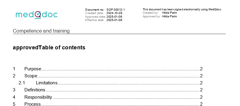 Screenshot of MedQdoc eQMS showing a structured training process document for competence and training, including ISO 13485-compliant sections such as purpose, scope, responsibilities, and electronic approval.