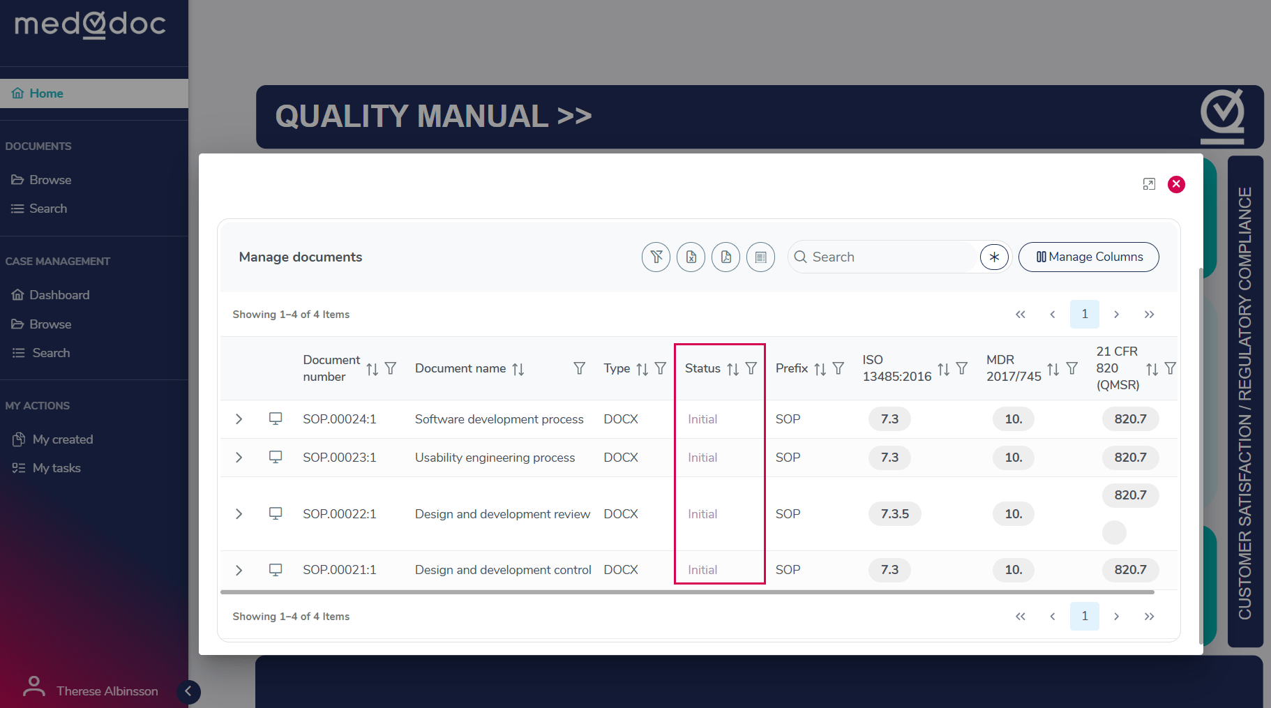 MedQdoc start page with initial documents and regulatory references