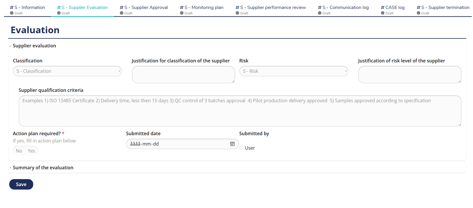 MedQdoc supplier evaluation workflow showing qualification criteria, risk level, and justification fields.