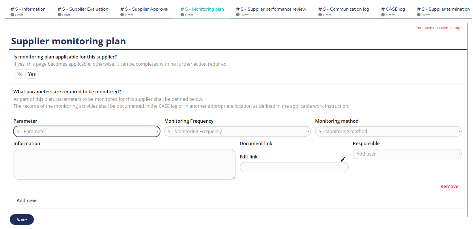 MedQdoc supplier monitoring plan showing fields for monitoring parameters, frequency, and responsible users.