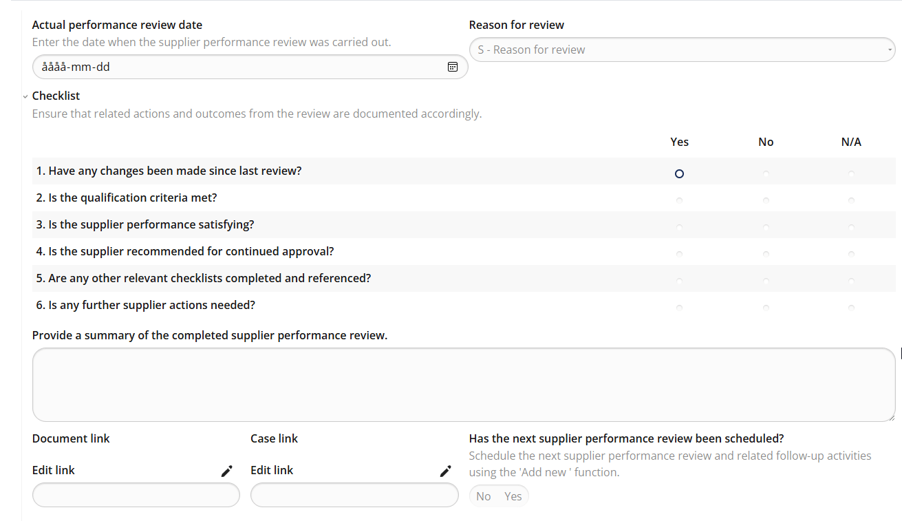 MedQdoc supplier performance review form showing predefined checklist and review criteria.