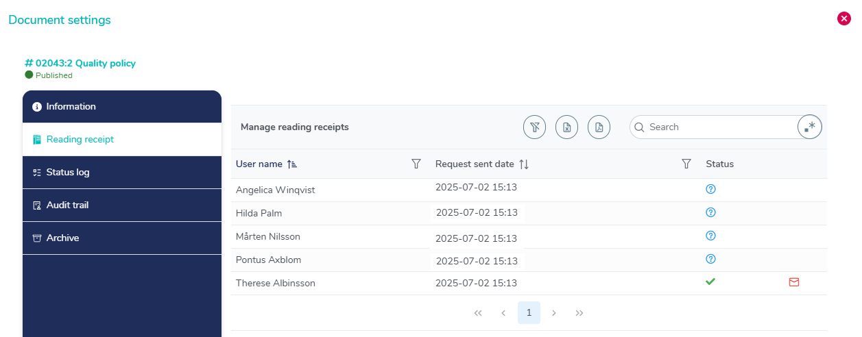 Screenshot of MedQdoc eQMS showing document settings, status log, and audit trail for transparent training documentation control.