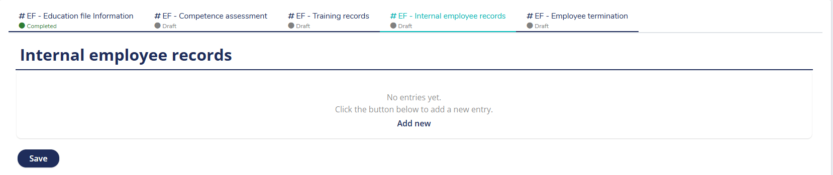 Screenshot of MedQdoc eQMS showing an internal employee training record for self-evaluation, where trainees assess training effectiveness and trainers receive automatic notifications.