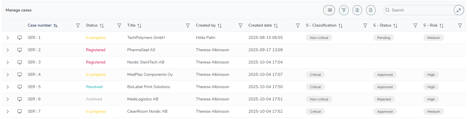 Screenshot over MedQdoc approved supplier list showing case number, status, classification, approval status, and risk with export and print options.