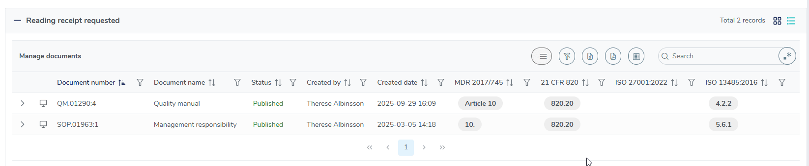 Screenshot of MedQdoc eQMS showing search and reading receipt table for quick retrieval of training documents and completion status.