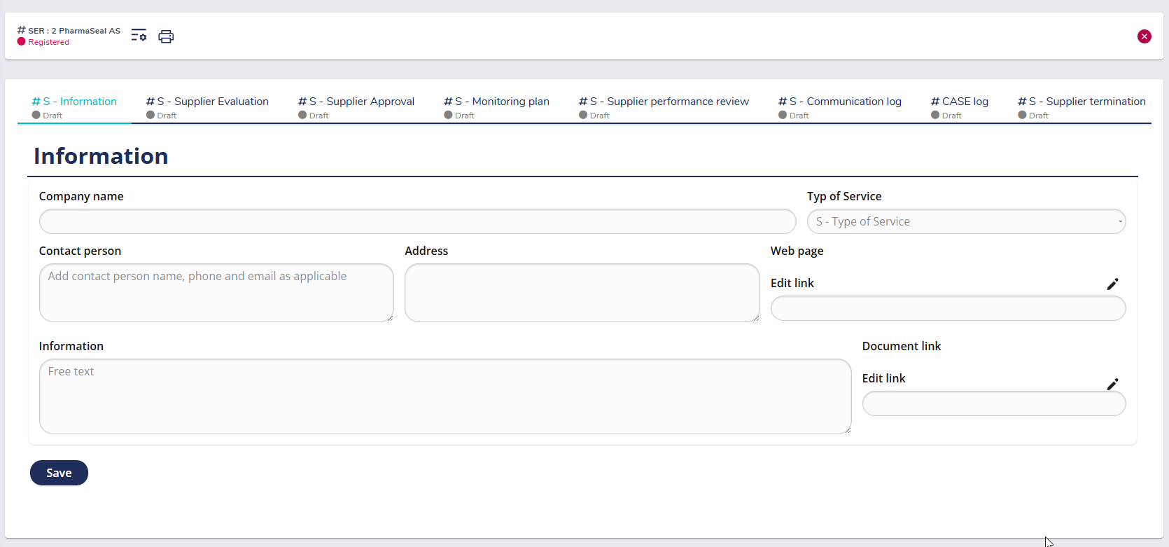MedQdoc predefined workflow for supplier registration showing company information, contact person, and classification fields